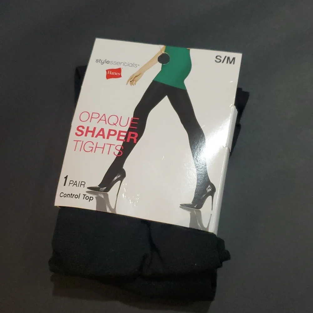 2pairs Hanes black opaque control top‎ shaper tights new size S/M